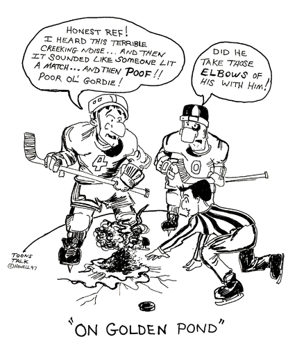 Cartoon: Gordie Howe retires (medium) by Toonstalk tagged hockey,gordie,howe,nhl,canada,detroit,red,wings,hartford,whalers,houston,aeros,stanely,cup