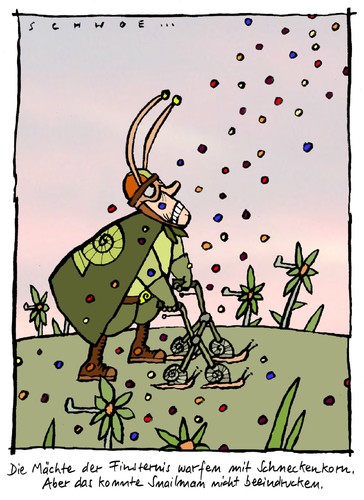 Cartoon: Snailman (medium) by schwoe tagged rollator,schnecke,supermann,böse,finsternis