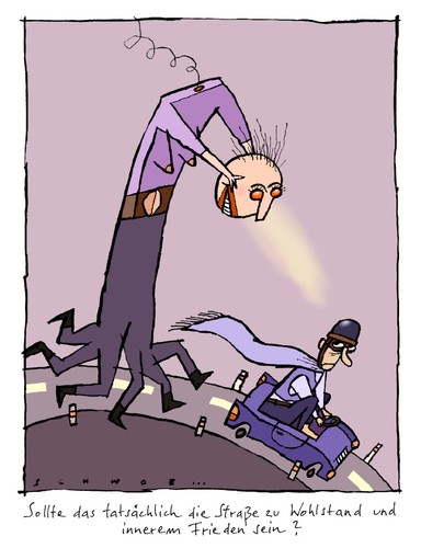 Cartoon: Wohlstandsstraße (medium) by schwoe tagged wohlstand,flucht,dämon,bewegung,frieden
