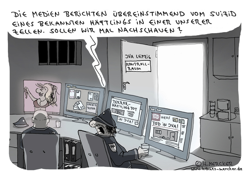 Cartoon: JVA (medium) by H Mercker tagged leipzig,sachsen,medien,tagesaktuell,politik,versagen,justizvollzug,justiz,gefängnis,häftling,selbsttötung,selbstmord,suizid,überwachung,cartoon,deutschland,tod,terrorist,staat,islamischer,is,terror,bakr,al,albakr,albakr,al,bakr,terror,is,islamischer,staat,terrorist,tod,deuts,chland,cartoon,überwachung,suizid,selbstmord,selbsttötunghäftling,gefängnis,justiz,justizvollzug,versagen,politik,tagesaktuell,medien,sachsen,leipzig