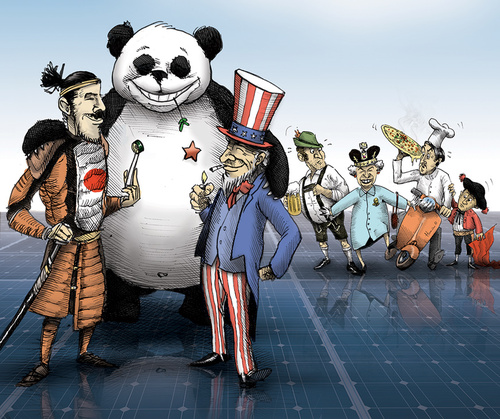 Cartoon: Solar Agreement (medium) by romwer tagged solar,political,cartoon,usa,china,japan,uk,spain,italy,germany,energy,sun