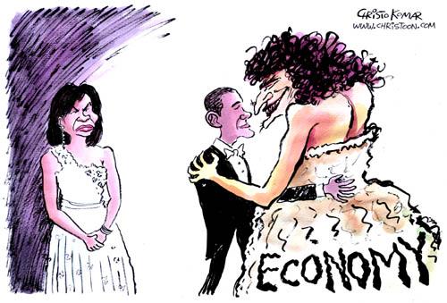 Cartoon: Obama s First Dance (medium) by Christo Komarnitski tagged barack,obama,usa,president,bush,transition,economy