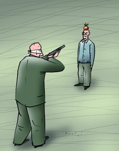 Cartoon: Take a shot! (medium) by Farhad Foroutanian tagged shot,apfel,kopf,schießen,zielen,treffen,blind,verbunden,augen,augenbinde,leben,tod,gewalt,spielen,sicherheit