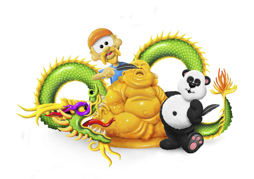 Cartoon: Tickling Buddah (medium) by SuperSillyStudios tagged gold,funny,panda,buddah,dragon,green