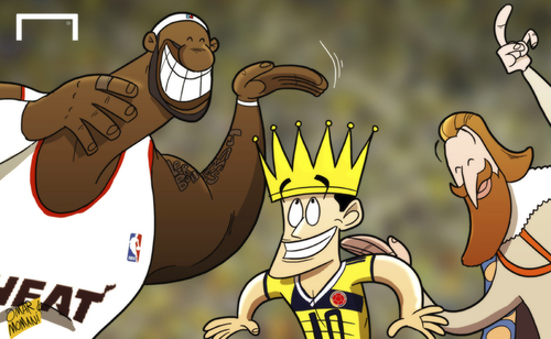 Cartoon: All hail King James! (medium) by omomani tagged colombia,james,rodriguez,lebron,world,cup,2014