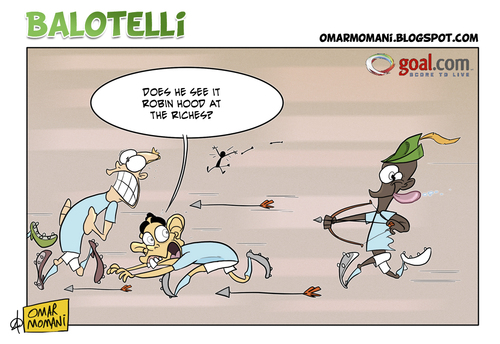 Cartoon: Balotelli the Robin Hood (medium) by omomani tagged mario,balotelli,manchester,city,tevez,premier,league,italy,robin,hood