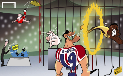 Cartoon: Champions League circus comes (medium) by omomani tagged ac,milan,arjen,robben,arsenal,atletico,madrid,balotelli,bayern,munich,champions,league,diego,costa,wenger