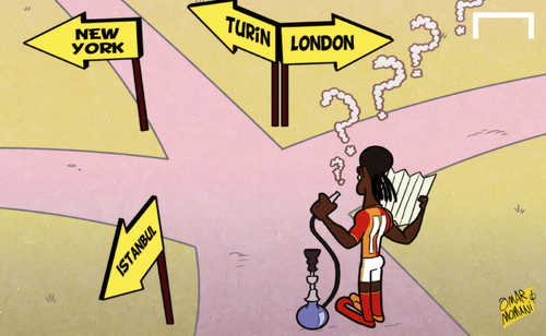 Cartoon: Drogba ponders next step (medium) by omomani tagged drogba,galatasaray