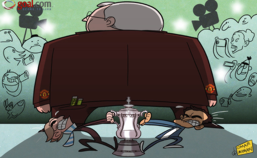 Cartoon: Ferguson overshadows FA Cup (medium) by omomani tagged fa,cup,ferguson,manchester,city,mancini,roberto,martinez,wigan