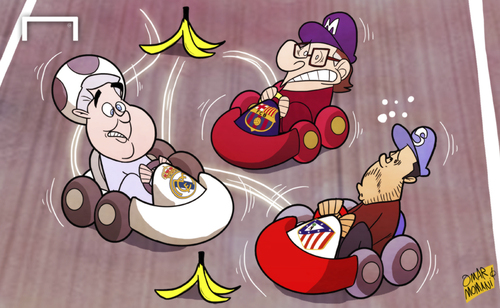 Cartoon: Liga leaders slip up in title (medium) by omomani tagged ancelotti,atletico,madrid,barcelona,diego,simeone,gerardo,martino,la,liga,real