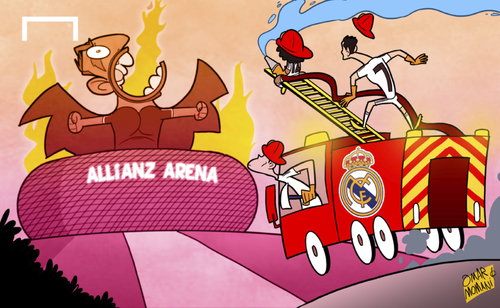 Cartoon: Madrid aim to put out Bayern (medium) by omomani tagged allianz,arena,bayern,munich,champions,league,cristiano,ronaldo,gareth,bale,marcelo,real,madrid,ribery