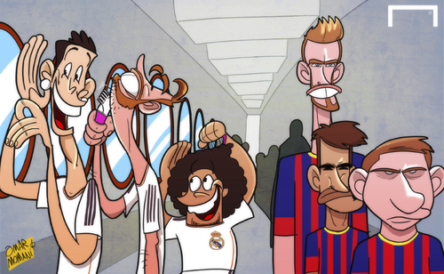 Cartoon: Mourinho reveals Madrid mirror (medium) by omomani tagged barcelona,cristiano,ronaldo,marcelo,messi,neymar,pique,ramos,real,madrid
