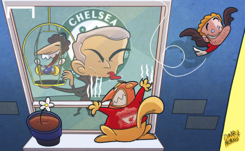 Cartoon: Mourinho snatches Salah (medium) by omomani tagged brendan,rodgers,chelsea,juan,mata,liverpool,manchester,united,mohamed,salah,mourinho