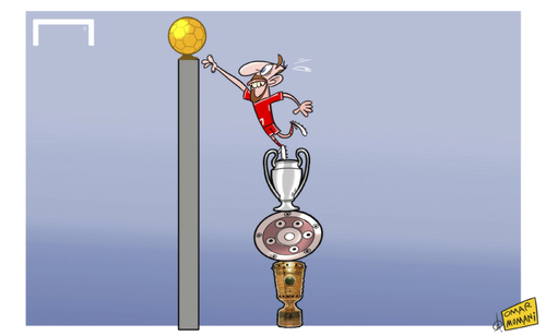 Cartoon: Ribery stacks up the silverware (medium) by omomani tagged bayern,munich,bundesliga,champions,league,dfb,pokal,fifa,ballon,dor,ribery
