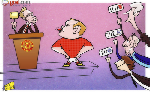 Cartoon: Rooney bidding war begins (medium) by omomani tagged abramovich,arsenal,auction,chelsea,leonardo,manchester,united,moyes,paris,saint,germain,rooney,wenger