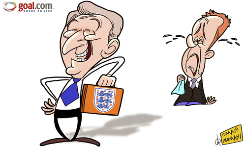 Cartoon: Roy Hodgson sneaks up on Redknap (medium) by omomani tagged england,redknapp,roy,hodgson