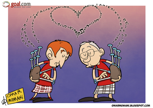 Cartoon: Scottish Draw (medium) by omomani tagged bagpipes,dalglish,england,ferguson,liverpool,manchester,united,premier,league,scotland