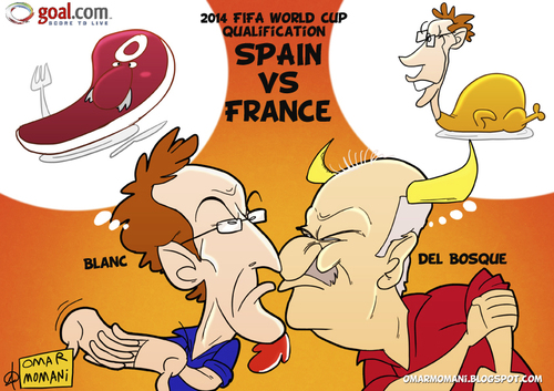 Cartoon: Spain Vs France (medium) by omomani tagged del,bosque,blanc,france,spain,soccer,football,cartoon,chicken,steak