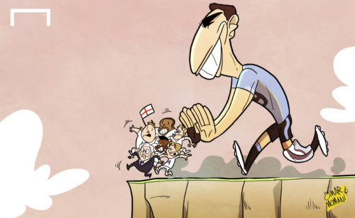 Cartoon: Suarez pushes England exit (medium) by omomani tagged england,glen,johnson,jordan,henderson,rooney,roy,hodgson,steven,gerrard,suarez,uruguay,world,cup,2014