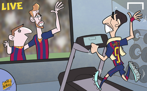 Cartoon: Suarez unleashed on training (medium) by omomani tagged barcelona,messi,pique,suarez