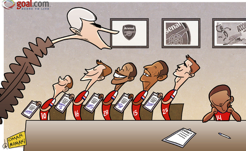 Cartoon: Walcott left out of Arsenals fut (medium) by omomani tagged aaron,ramsey,arsenal,carl,jenkinson,jack,wilshere,kieran,gibbs,oxlade,chamberlain,theo,walcott,wenger