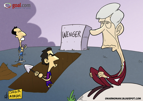Cartoon: Wengers grave (medium) by omomani tagged arsenal,barcelona,england,fabregas,france,la,liga,manchester,city,nasri,premier,league,spain,wenger