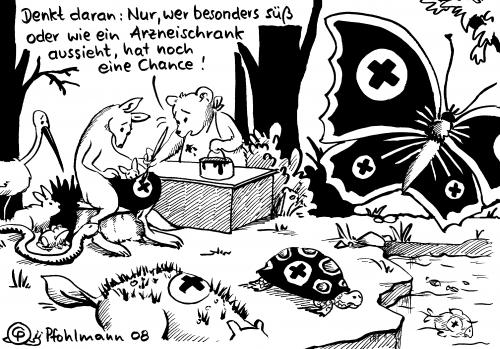 Cartoon: - (medium) by Pfohlmann tagged biodiversität,artensterben,artenschutz,arzneimittel,diversität,vielfalt,nutzen,nützlich,artenvielfalt,arten,tiere,artenschutz,arzneimittel,medizin,natur,anmalen,kreuz,überleben,chance,arzneischrank,süß,schnuckelig,biologie,umwelt,aussterben,hilfe,wissenschaft