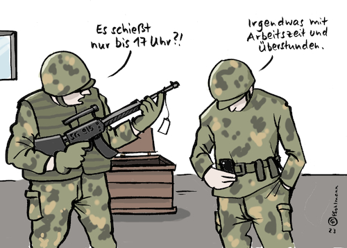 Cartoon: 17-Uhr-Gewehr (medium) by Pfohlmann tagged arbeitszeit,überstunden,arbeit,arbeitnehmer,arbeitszeiterfassung,gewehr,krieg,soldat,waffe,militär,arbeitszeit,überstunden,arbeit,arbeitnehmer,arbeitszeiterfassung,gewehr,krieg,soldat,waffe,militär