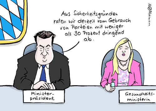 Cartoon: 30 Prozent (medium) by Pfohlmann tagged 2020,deutschland,bayern,corona,coronavirus,desinfektionsmittel,desinfektion,parteien,söder,csu,huml,ministerpräsident,gesundheitsministerin,gesundheit,ansteckung,panemie,epidemie,2020,deutschland,bayern,corona,coronavirus,desinfektionsmittel,desinfektion,parteien,söder,csu,huml,ministerpräsident,gesundheitsministerin,gesundheit,ansteckung,panemie,epidemie