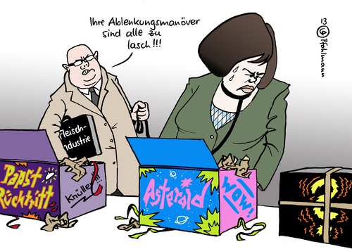 Cartoon: Ablenkungsmanöver (medium) by Pfohlmann tagged karikatur,cartoon,color,farbe,2013,deutschland,aigner,pferdefleischskandal,ablenkung,papst,rücktritt,asteroid,landwirtschaftsministerin,verbraucherschutz,verbraucherschutzministerin,fleisch,fleischindustrie,produktionskette,lieferkette,fleischskandal,pferdefleisch,fleischproduktion,lebensmittel,lebensmittelskandal,deklarierung,rindfleisch,fertigprodukte,nahrung,nahrungsmittelindustrie,lebensmittelindustrie,karikatur,cartoon,color,farbe,2013,deutschland,aigner,pferdefleischskandal,ablenkung,papst,rücktritt,asteroid,landwirtschaftsministerin,verbraucherschutz,verbraucherschutzministerin,fleisch,fleischindustrie,produktionskette,lieferkette,fleischskandal,pferdefleisch,fleischproduktion,lebensmittel,lebensmittelskandal,deklarierung,rindfleisch,fertigprodukte,nahrung,nahrungsmittelindustrie,lebensmittelindustrie