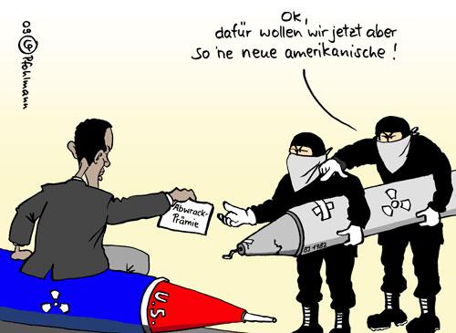 Cartoon: Abwrackprämie (medium) by Pfohlmann tagged abwrackprämie,barack,obama,us,usa,präsident,terroristen,terrorismus,atomwaffen,atomraketen,abrüstung