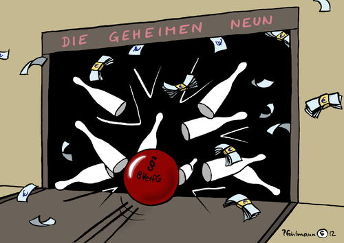 Cartoon: Alle Neune (medium) by Pfohlmann tagged haushaltsrecht,verstoß,grundgesetz,verfassung,neune,alle,kugel,kegeln,kegel,haushaltspolitik,haushalt,rettungsschirm,euro,abgeordnete,neun,gremium,bundesverfassungsgericht,deutschland,urteil,arbeitsgruppe,geheim,karikatur,2012,farbe,color,2012,deutschland,bundesverfassungsgericht,gremium,neun,abgeordnete,geheim,arbeitsgruppe,rettungsschirm,haushalt,haushaltspolitik,verfassung,grundgesetz