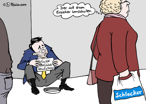 Cartoon: Anschlussverwendung (medium) by Pfohlmann tagged karikatur,cartoon,color,farbe,2013,deutschland,bundestagswahl,wahlergebnis,fdp,roesler,rösler,parteivorsitzender,rücktritt,anschlussverwendung,job,bettler,schlecker,schleckerfrauen,arbeitslos,arbeitslosigkeit,karikatur,cartoon,color,farbe,2013,deutschland,bundestagswahl,wahlergebnis,fdp,roesler,rösler,parteivorsitzender,rücktritt,anschlussverwendung,job,bettler,schlecker,schleckerfrauen,arbeitslos,arbeitslosigkeit