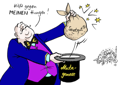 Cartoon: Anti-Hunger-Zauber (medium) by Pfohlmann tagged karikatur,cartoon,color,farbe,2018,welt,global,eugh,urteil,gentechnik,genschere,lebensmittel,landwirtschaft,hunger,ernährung,zauberer,zauber,magie,mutagenese,kennzeichnung,kennzeichnungspflicht,eu,industrie,saatgut,patente,resistenz,biotechnologie,karikatur,cartoon,color,farbe,2018,welt,global,eugh,urteil,gentechnik,genschere,lebensmittel,landwirtschaft,hunger,ernährung,zauberer,zauber,magie,mutagenese,kennzeichnung,kennzeichnungspflicht,eu,industrie,saatgut,patente,resistenz,biotechnologie