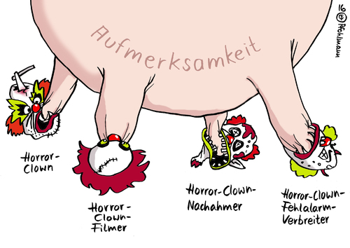 Cartoon: Aufmerksamkeitsclowns (medium) by Pfohlmann tagged karikatur,cartoon,2016,color,farbe,deutschland,global,welt,horror,clowns,gruselclowns,horrorclowns,euter,aufmerksamkeit,nachahmer,filmen,filmer,fehlalarm,falschmeldung,medien,veröffentlichung,halloween,saugen,säugen,ernähren,karikatur,cartoon,2016,color,farbe,deutschland,global,welt,horror,clowns,gruselclowns,horrorclowns,euter,aufmerksamkeit,nachahmer,filmen,filmer,fehlalarm,falschmeldung,medien,veröffentlichung,halloween,saugen,säugen,ernähren