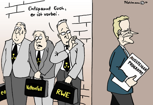 Cartoon: Aussteigerprogramm I (medium) by Pfohlmann tagged aussteigerprogramm,ausstieg,atomausstieg,atomkraft,kernkraft,westerwelle,energiekonzern,rwe,vattenfall,eon,lobby,lobbyist,aussteigerprogramm,ausstieg,atomkraft,kernkraft,guido westerwelle,energiekonzern,rwe,vattenfall,eon,energie,umwelt,guido,westerwelle