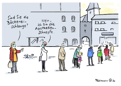 Cartoon: Bäckereischlange (medium) by Pfohlmann tagged 2020,corona,coronapandemie,pandemie,einzelhandel,abstand,schlange,schlangestehen,bäckerei,einkaufen,einkauf,kunden,hygiene,hygieneregeln,kontaktbeschränkung,2020,corona,coronapandemie,pandemie,einzelhandel,abstand,schlange,schlangestehen,bäckerei,einkaufen,einkauf,kunden,hygiene,hygieneregeln,kontaktbeschränkung