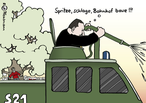 Cartoon: Bahnhof baue (medium) by Pfohlmann tagged stuttgart,21,bahnhof,mappus,ministerpräsident,wasserwerfer,protest,schwaben,baden,württemberg,widerstand,demo,demonstration,demonstrant,schlossgarten,eskalation,polizei,stuttgart 21,demonstration,kinder,schüler,bahn,protest,projekt,stuttgart,21,bahnhof,ministerpräsident,wasserwerfer,baden württemberg,schwaben,baden,württemberg