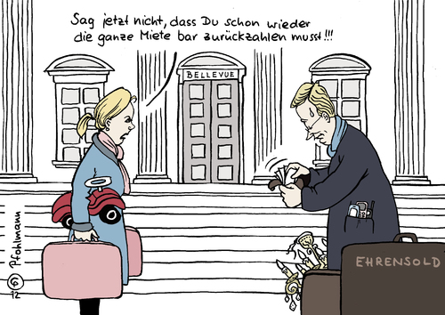 Cartoon: Barmiete (medium) by Pfohlmann tagged karikatur,color,farbe,2012,deutschland,bundespräsident,wulff,rücktritt,bettina,schloss,bellevue,affäre,auszug,miete,bar,geld,zurückzahlen,deutschland,wulff,rücktritt