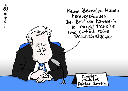 Cartoon: Bayerische Briefprüfung (medium) by Pfohlmann tagged karikatur,cartoon,2016,color,deutschland,bayern,seehofer,csu,merkel,bundeskanzlerin,kanzlerin,ministerpräsident,brief,flüchtlingspolitik,antwort,frankiert,rechtschreibfehler,korrekt,beamte,prüfung,klage,verfassungsgericht,bundesverfassungsgericht,drohung,kritik,karikatur,cartoon,2016,color,deutschland,bayern,seehofer,csu,merkel,bundeskanzlerin,kanzlerin,ministerpräsident,brief,flüchtlingspolitik,antwort,frankiert,rechtschreibfehler,korrekt,beamte,prüfung,klage,verfassungsgericht,bundesverfassungsgericht,drohung,kritik