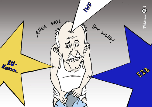 Cartoon: Bedrängnis (medium) by Pfohlmann tagged color,karikatur,farbe,2011,griechenland,papandreou,eu,sterne,europa,euro,iwf,ezb,kommission,rettungsschirm,efsf,hilfspaket,pleite,zahlungsunfähigkeit,kreditwürdigkeit,wirtschaftskrise,schuldenkrise,schulden,sparen,sparprogramm,reform,einsparungen,staatsschulden,griechenland,papandreou,eu,sterne,europa,euro,iwf,ezb