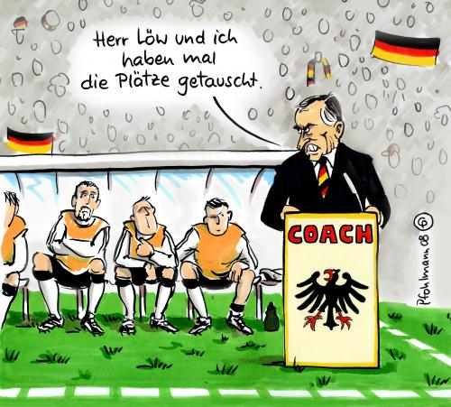 Cartoon: Berliner Rede (medium) by Pfohlmann tagged euro,2008,fußball,em,jogi,löw,bundestrainer,deutschland,bundespräsident,euro2008,fußball,rede,fussball,em,europameisterschaft,meisterschaft,löw,jogi,joachim,bundestrainer,trainer,deutschland,bundespräsident,pult,renderpult,bundesadler,coach,bank,platz,plätze,fußballplatz,stadion,zuschauer,fanblock,spiel,ersatzbank,tauschen,austauschen,verbannt,politiker,strafe,jogi löw,joachim löw