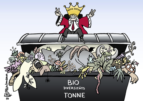 Cartoon: Biotonne (medium) by Pfohlmann tagged biodiversität,biodiversity,artenvielfalt,artenschutz,artensterben,biotonne,abfall,müll,mülltonne,tiere,pflanzen,aussterben,homo,sapiens,krone,schöpfung,mensch,ausrotten,ausrottung,rote,liste,animal,plant,environment,biodiversität,artenvielfalt,artenschutz,artensterben,biotonne,abfall,müll,mülltonne,tiere,pflanzen,aussterben,homo sapiens,schöpfung,mensch,ausrotten,ausrottung,rote,liste,naturschutz,homo,sapiens