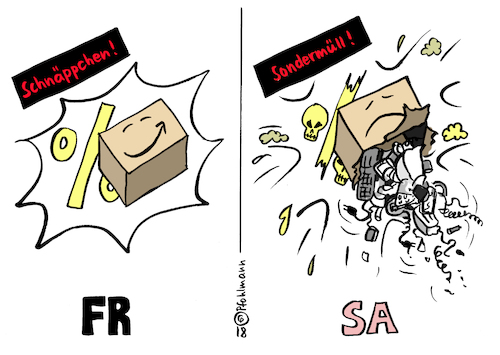 Cartoon: Black Friday (medium) by Pfohlmann tagged karikatur,cartoon,farbe,color,2018,global,black,friday,aktion,verkauf,handel,versandhandel,sonderangebote,schnäppchen,welt,internet,amazon,päckchen,pakete,rabatte,rabattschlacht,konsum,elektrogeräte,sondermüll,umwelt,gift,wegwerfgesellschaft,billig,karikatur,cartoon,farbe,color,2018,global,black,friday,aktion,verkauf,handel,versandhandel,sonderangebote,schnäppchen,welt,internet,amazon,päckchen,pakete,rabatte,rabattschlacht,konsum,elektrogeräte,sondermüll,umwelt,gift,wegwerfgesellschaft,billig