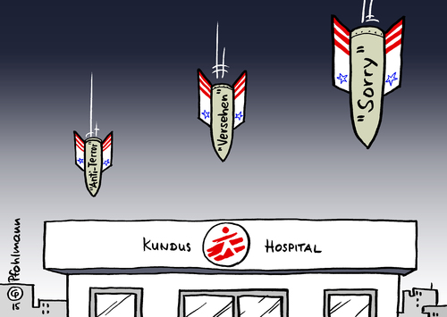 Cartoon: Bomben auf Klinik (medium) by Pfohlmann tagged karikatur,cartoon,2015,color,farbe,afghanistan,kundus,klinik,krankenhaus,hospital,bomben,bombardierung,luftschlag,us,armee,usa,luftwaffe,beschuss,kollateralschaden,tragödie,sorry,antiterrorkampf,krieg,taliban,zivilbevölkerung,versehen,fehler,kriegsverbrechen,ärzte,ohne,grenzen,karikatur,cartoon,2015,color,farbe,afghanistan,kundus,klinik,krankenhaus,hospital,bomben,bombardierung,luftschlag,us,armee,usa,luftwaffe,beschuss,kollateralschaden,tragödie,sorry,antiterrorkampf,krieg,taliban,zivilbevölkerung,versehen,fehler,kriegsverbrechen,ärzte,ohne,grenzen