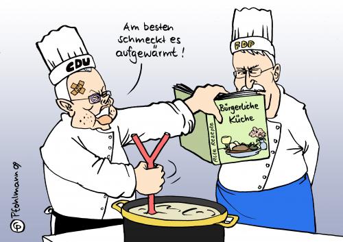 Cartoon: Bürgerliche Küche (medium) by Pfohlmann tagged hessen,roland,koch,cdu,landtagswahl,neuwahl,2009,koalition,schwarz,gelb,fdp,hahn,hessen,roland koch,cdu,landtagswahl,neuwahl,wahlen,wahl,2009,koalition,schwarz,gelb,fdp,hahn,roland,koch