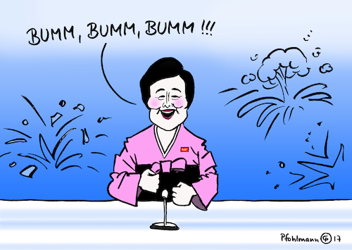 Cartoon: Bumm Bumm Bumm! (medium) by Pfohlmann tagged karikatur,cartoon,color,farbe,2017,nordkorea,global,nachrichten,sprecherin,nachrichtensprecherin,kim,jong,un,bedrohung,atomwaffen,atomwaffentest,wasserstoffbombe,atombombe,usa,bumm,drohung,karikatur,cartoon,color,farbe,2017,nordkorea,global,nachrichten,sprecherin,nachrichtensprecherin,kim,jong,un,bedrohung,atomwaffen,atomwaffentest,wasserstoffbombe,atombombe,usa,bumm,drohung