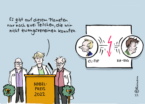 Cartoon: Chemienobelpreis Teilchen (medium) by Pfohlmann tagged nobelpreis,wissenschaft,chemie,teilchen,lindner,habeck,fdp,grüne,ampel,ampelkoalition,wirtschaftsminister,finanzminister,konflikt,gegensatz,bundesregierung,nobelpreisträger,forschung,nobelpreis,wissenschaft,chemie,teilchen,lindner,habeck,fdp,grüne,ampel,ampelkoalition,wirtschaftsminister,finanzminister,konflikt,gegensatz,bundesregierung,nobelpreisträger,forschung