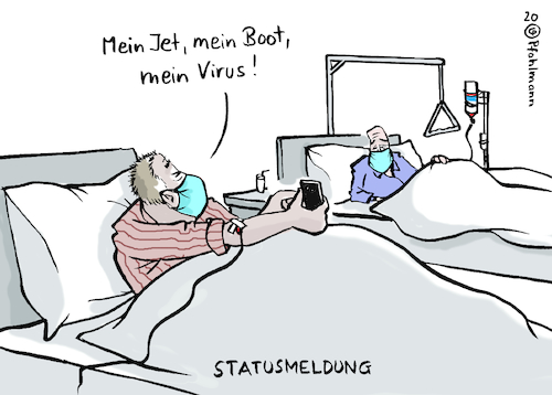 Cartoon: Corona-Status (medium) by Pfohlmann tagged 2020,corona,coronavirus,virus,status,patient,krankenhaus,gesundheit,krankheit,pandemie,handy,smartphone,statussymbol,2020,corona,coronavirus,virus,status,patient,krankenhaus,gesundheit,krankheit,pandemie,handy,smartphone,statussymbol