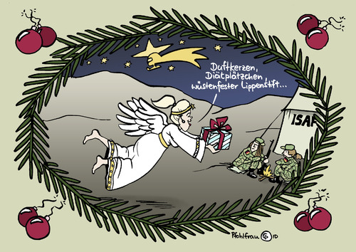 Cartoon: Der Weihnachtsengel von Kundus (medium) by Pfohlmann tagged kundus,afghanistan,bundeswehr,isaf,truppenbesuch,zu,guttenberg,stephanie,engel,weihnachten,christkind,geschenk,geschenke,soldaten,soldatinnen,kundus,afghanistan,bundeswehr,isaf,truppenbesuch,guttenberg,engel,weihnachten,christkind